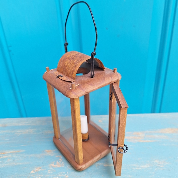 Lantern Wooden Primitive Handmade Hanging Candle Holder with Metal Small Little - Picture 8 of 17